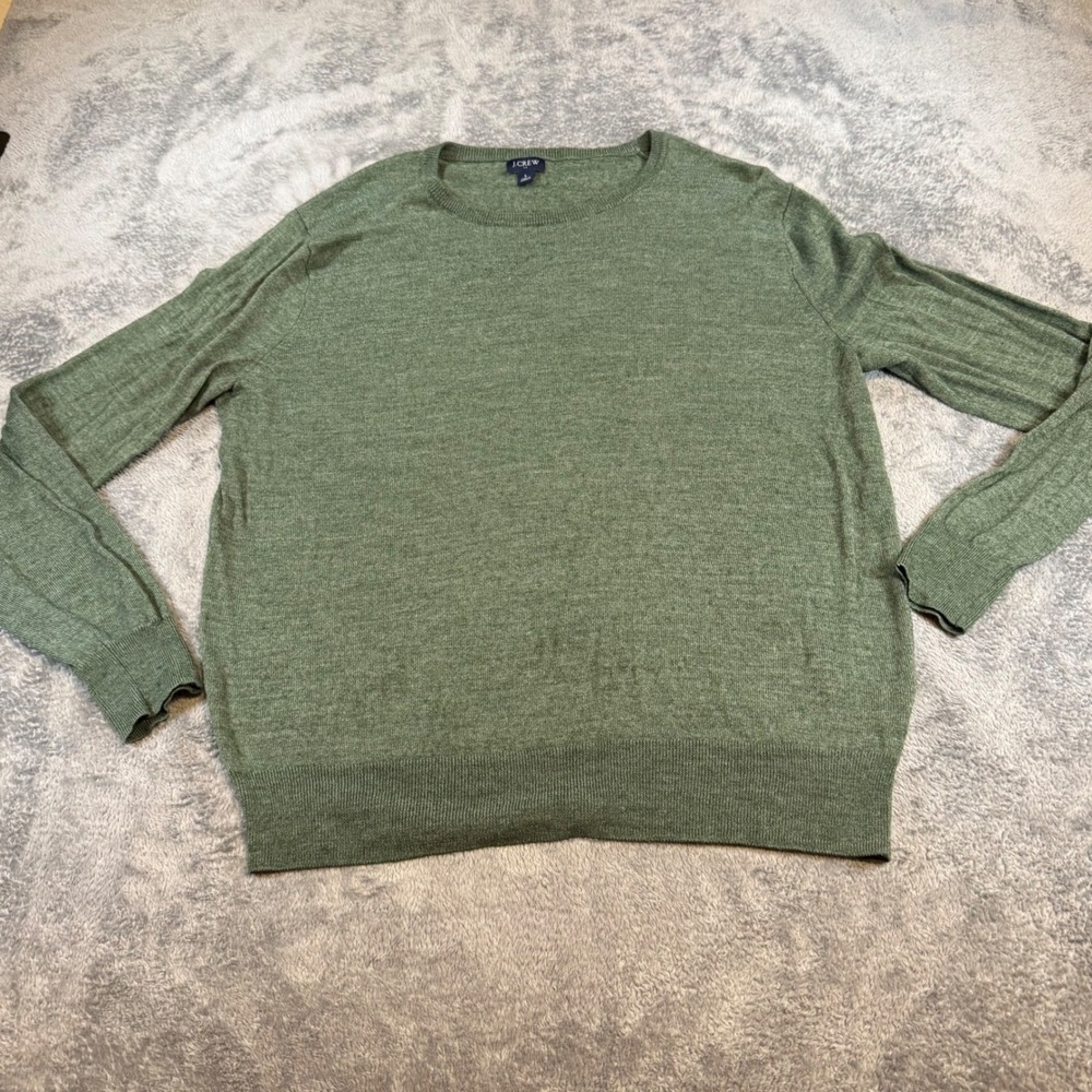 J.Crew Mens Merino Wool Blend Crewneck Sweater Green Heather Large L Fine Knit
